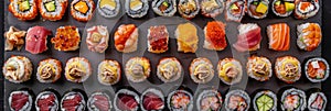 Sushi Big Set, Various Maki Sushi, Baked Norimaki, Kappamaki Rolles Collection with Salmon