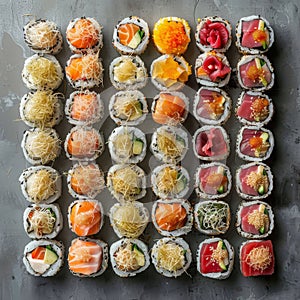 Sushi Big Set, Various Maki Sushi, Baked Norimaki, Kappamaki Rolles Collection with Salmon