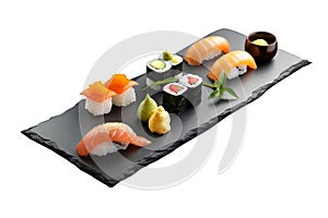 Sushi on black stone plate