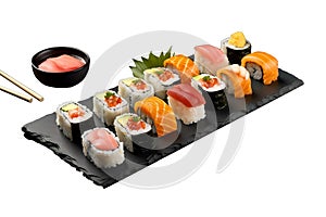 Sushi on black stone plate