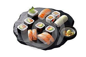 Sushi on black stone plate