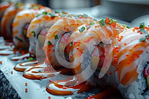 sushi on the board with chopsticks and sauce, in the style of dark brown and red, swirling vortexes, ready-made, multi