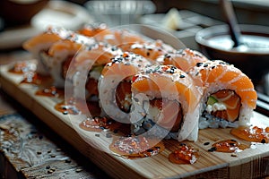 sushi on the board with chopsticks and sauce, in the style of dark brown and red, swirling vortexes, ready-made, multi