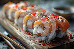 sushi on the board with chopsticks and sauce, in the style of dark brown and red, swirling vortexes, ready-made, multi