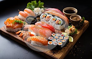 Sushi buffet, with an array of delectable shrimp rolls, meticulously crafted maki rolls. AI Generated