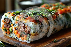 Sushi Burrito - combines elements of sushi and burrito in one dish and is a large roll of sushi that is eaten like a