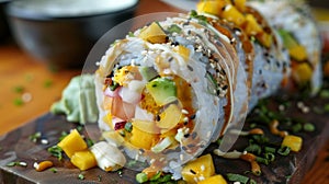 A sushi burrito filled with island ingredients like mango avocado and plantains paired with a creamy coconut dipping