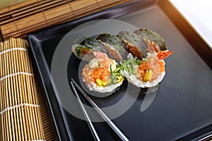 Sushi on a ceramic plate in a traditional asian recipe
