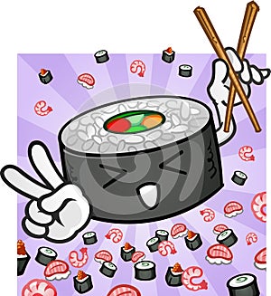 Sushi Character Holding Chopsticks Giving Peace Symbol