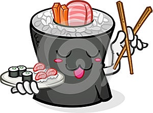 Sushi Character Serving a Platter with Chopsticks