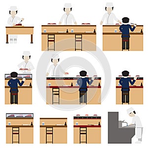 Sushi chef and restaurant set. Vector.