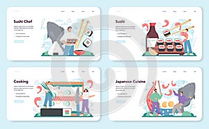 Sushi chef web banner or landing page set. Restaurant chef cooking rolls