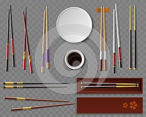Sushi chopsticks and soy sauce. Realistic dishes and wooden cutlery, traditional asian food, japan restaurant table