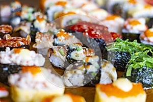 Sushi close-up  on wooden background, Japanese food.