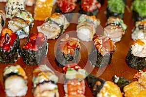 Sushi close-up  on wooden background, Japanese food.