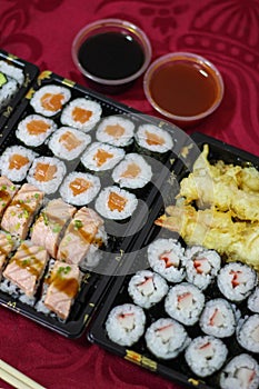 Sushi detail Take-away delivery box, Japanese, and bowl of soy sauce