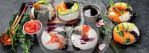 Sushi donuts on a dark background. Hybrid trend food