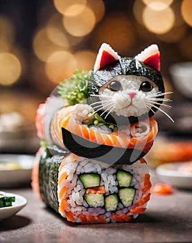 sushi, fish and rice in a playful shape of a kitty