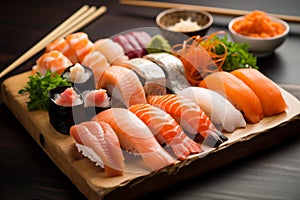 sushi food japanese meal rice japan set seafood fish roll. Generative AI.