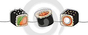 Sushi foods collection. Japanese cuisine, traditional food one line drawing. Tekkamaki tuna roll, futomaki continuous