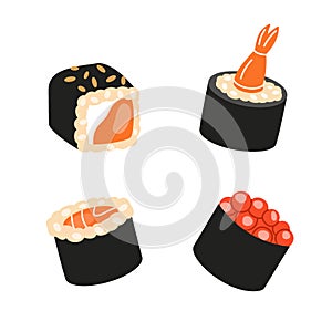 Sushi foods collection. Japanese cuisine, traditional foods. Tekkamaki tuna roll, futomaki. Vector illustration.
