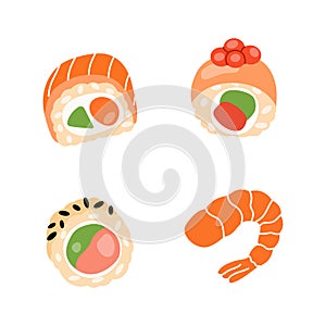 Sushi foods collection. Japanese cuisine, traditional foods. Tekkamaki tuna roll, philadelphia sushi roll, futomaki