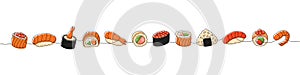 Sushi foods collection. Japanese traditional food one line drawing. Ikura sushi, tobiko maki, sake nigiri, philadelphia