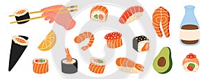 Sushi foods collection. Sushi and rolls set. Tobiko maki, philadelphia roll, onigiri, shrimp nigiri, futomaki, sake