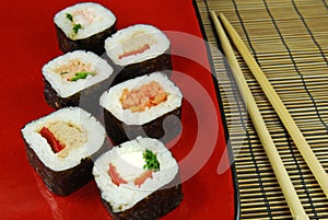 Sushi futomaki with chopsticks