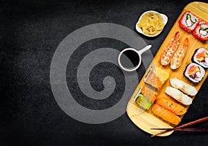 Sushi with Ginger and Soy Sauce on Copy Space photo