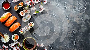 sushi on gray concrete table with spring flowers, sushi for Easter, background with copy space