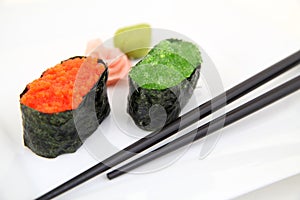 Sushi gunkan with caviar, tobiko. Japanese food