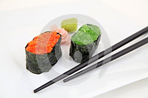 Sushi gunkan with caviar, tobiko. Japanese food