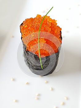 Sushi / Gunkan with red Tobiko caviar and spring onion