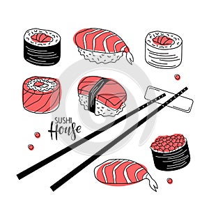 Sushi House. Sushi set, chopsticks, calligraphy lettering logo isolated on white background. Vector linear sketch with