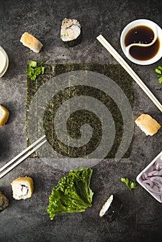 sushi with ingredients vertical frame. High quality photo