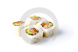 sushi isolated on white background, Traditional japanese futomaki roll stuffed with tobiko caviar, tomago omelet, cucumber