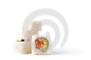 sushi isolated on white background, Traditional japanese futomaki roll stuffed with tobiko caviar, tomago omelet, cucumber