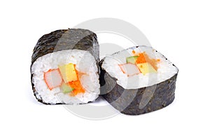 sushi isolated on white background, Traditional japanese futomaki roll stuffed with tobiko caviar, tomago omelet, cucumber, crab