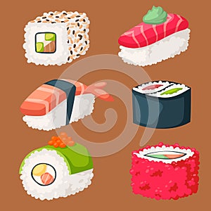 Sushi japanese cuisine traditional food flat healthy gourmet icons asia meal culture roll vector illustration.