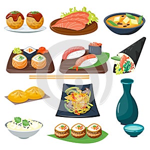 Sushi japanese cuisine traditional food flat healthy gourmet icons and oriental restaurant rice asia meal plate culture
