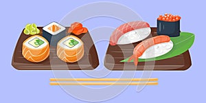 Sushi japanese cuisine traditional food flat healthy gourmet icons and oriental restaurant rice asia meal plate culture