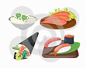 Sushi japanese cuisine traditional food flat healthy gourmet icons and oriental restaurant rice asia meal plate culture