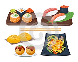 Sushi japanese cuisine traditional food flat healthy gourmet icons and oriental restaurant rice asia meal plate culture