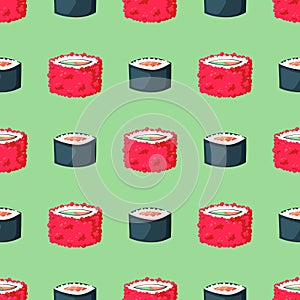 Sushi japanese cuisine traditional food flat healthy gourmet seamless pattern background asia meal culture roll vector