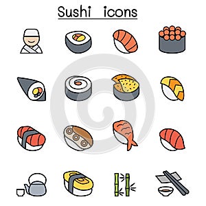 Sushi and Japanese food color line icon set