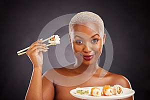 Sushi, Japanese food and portrait of woman with salmon, rice and chopsticks for eating a platter of fish, seafood or