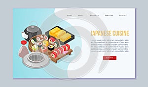 Sushi, Japanese food vector website illustration. Sushi rolls food and japanese seafood with tea. Asia cuisine