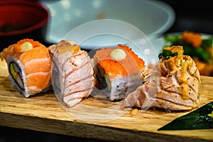 Sushi Japanese food on a wooden plate for health
