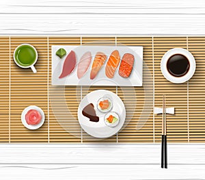 Sushi, Japanese food on wooden table background